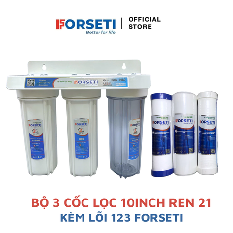 Bộ 3 cốc lọc thô trắng 10inch ren 21 kèm Lõi 123 Forseti, Gông mở, Cút đầu ra phi 10