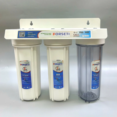 Bộ 3 cốc lọc thô trắng 10inch ren 21 kèm Lõi 123 Forseti, Gông mở, Cút đầu ra phi 10