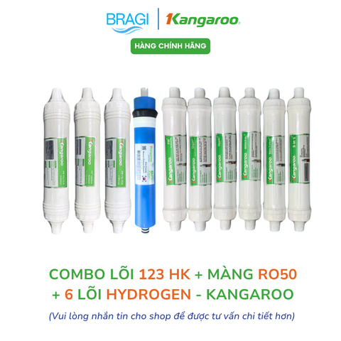 Combo 10 Lõi Kangaroo Gồm 123 HK + Màng RO50GPD + 6 Lõi Hydrogen+ (Fir+, OrpH+, HypH+, Mineral+, Nano Carbon+, 5in1+)