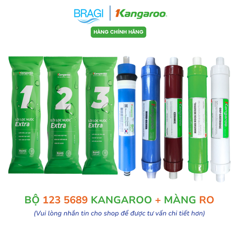 Combo 8 lõi lọc nước Gồm 123 EXTRA + màng RO 50 KGR + lõi 5689 Kangaroo (Nano, Ceramic, Maifan, ORP) KÈM CÚT + DÂY