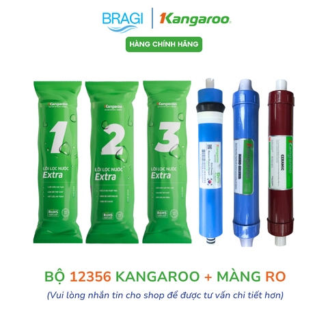 Combo 6 lõi lọc nước Gồm 123 EXTRA + màng RO 50 KGR  + lõi chức năng 56 (Nano, Ceramic) Kangaroo KÈM CÚT + DÂY