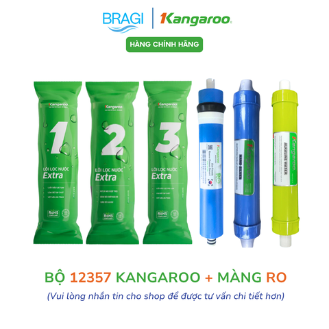 Combo 6 lõi lọc nước Gồm 123 EXTRA + màng RO 50 KGR  + lõi chức năng 57 (Nano, Alkaline) Kangaroo KÈM CÚT + DÂY