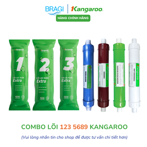Combo 7 lõi lọc nước Gồm 123 EXTRA + lõi 5689 Kangaroo (Nano, Ceramic, Maifan, ORP) KÈM CÚT + DÂY