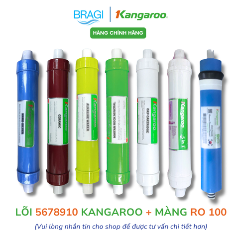 Combo 7 lõi Kangaroo Gồm màng RO 100GPD + lõi 5678910 (Nano, Ceramic, Alkaline, Maifan, ORP, 5IN1) - KÈM CÚT + DÂY