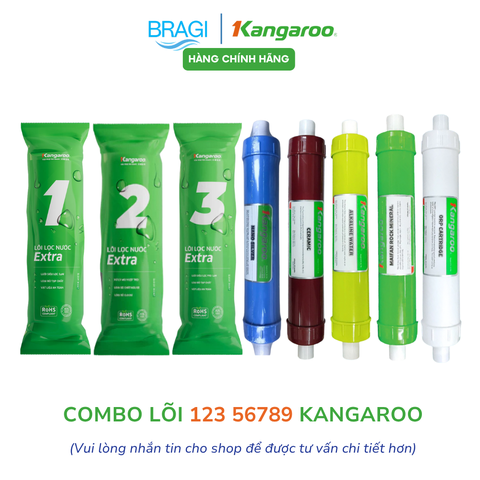 Combo 8 lõi lọc nước Gồm 123 EXTRA + lõi 56789 Kangaroo (Nano, Ceramic, Alkaline, Maifan, ORP) KÈM CÚT + DÂY