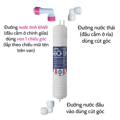 Màng RO100GPD Mỹ Karofi kèm cút chuyển đổi (2 cút góc + 1 van 1 chiều góc cắm nhanh)