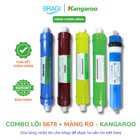 Combo 5 lõi Kangaroo gồm màng RO50KR Kangaroo + Lõi chức năng 5678 (Nano, Ceramic, Alkaline, Maifan) KÈM CÚT + DÂY