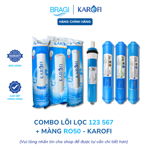Combo 7 lõi Karofi gồm bộ thô 123 + màng RO50gpd Dupont + lõi 567 (T33, Mineral, Far) KÈM CÚT + DÂY