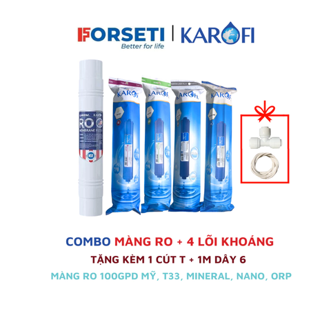 Combo màng RO đúc nguyên khối 100 GPD và 4 lõi chức năng T33, Mineral, Orp, Nano cho máy Karofi
