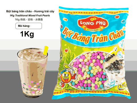 Bột Báng Trân châu Hương TRÁI CÂY MIX 3 VỊ Đặc Biệt Long Phú gói 1kg - Size Trung Truyền thống - Không có vị ngọt