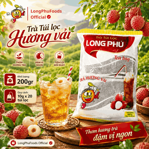 Trà VẢI Túi lọc Long Phú gói 200gr (10gói*20gr) - Thơm hương Vải, đậm vị trà thiên nhiên