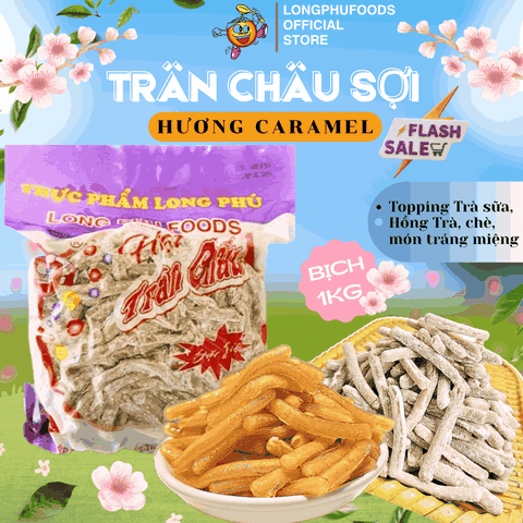 Trân châu Sợi Hương CARAMEL Đặc Biệt Long Phú gói 1kg - Size Sợi Trung - Không có vị ngọt