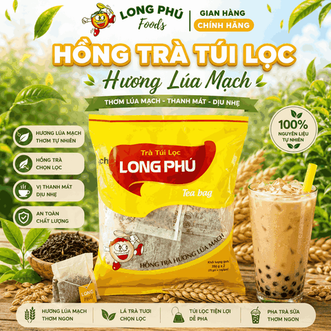 Hồng Trà LÚA MẠCH Đặc Biệt Túi lọc Long Phú gói 350gr (10gói*35gr) - Thơm hương Lúa Mạch, đậm vị trà thiên nhiên