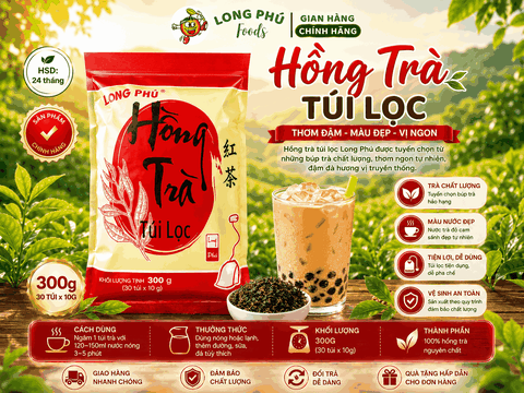 Hồng Trà Túi lọc Long Phú gói 300gr (10gói*30gr) - Thơm ngon, đậm vị trà thiên nhiên