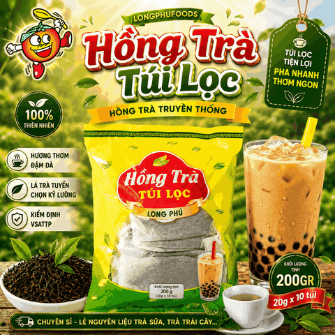 Hồng Trà TRUYỀN THỐNG Túi lọc Long Phú gói 200gr (10gói*20gr) - Thơm ngon, đậm vị trà thiên nhiên