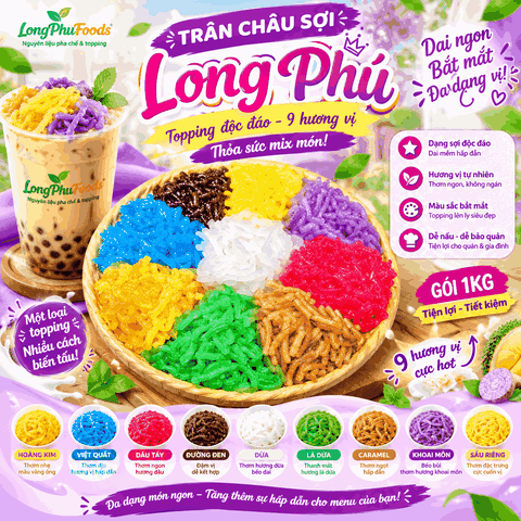 Trân châu Sợi Đặc Biệt Long Phú gói 1kg - Size Sợi Trung - Không có vị ngọt