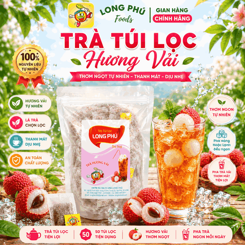 Trà VẢI Túi lọc mini (túi bạc) Long Phú gói 100gr (50gói*2gr) - Thơm hương Vải, đậm vị trà thiên nhiên