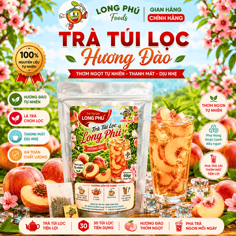Trà ĐÀO Túi Lọc MINI 2gr Long Phú – Gói 60gr (30 gói × 2gr, Thơm Hương Đào, Đậm Vị Trà)