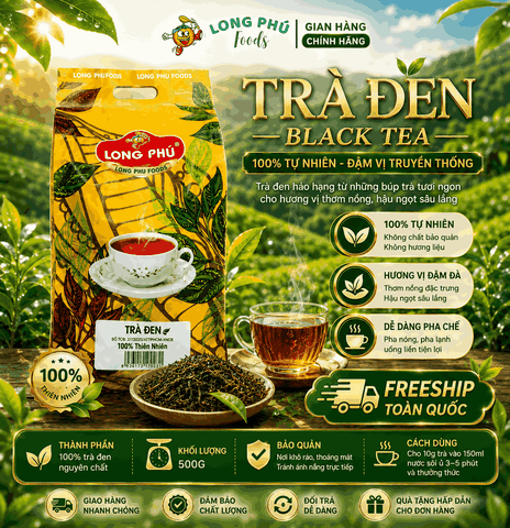 Trà ĐEN (Trà Xá) Long Phú gói 500gr - Black Tea - Ngát hương trà thơm ngon, đậm vị trà thiên nhiên