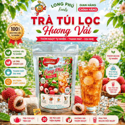 Trà VẢI Túi Lọc MINI 2gr Long Phú – Gói 60gr (30 gói × 2gr, Thơm Hương Vải Tươi Mát Thanh Ngọt, Đậm Vị Trà)
