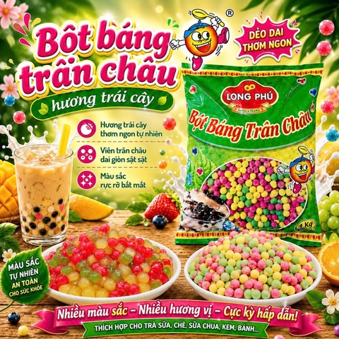 Bột Báng Trân châu Hương TRÁI CÂY MIX 3 VỊ Đặc Biệt Long Phú gói 1kg - Size Trung Truyền thống - Không có vị ngọt