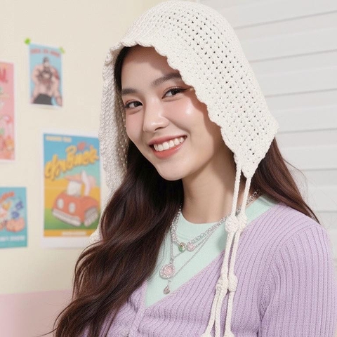 Mũ Len Móc Thủ Công Màu Beige Phong Cách Y2K