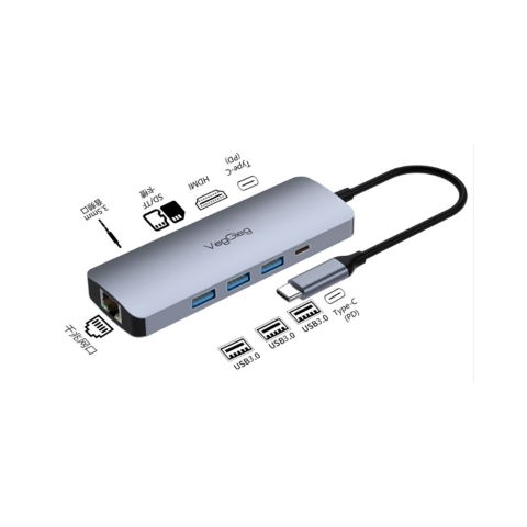 Bộ Chuyển Đổi VegGieg V-TC10R Type C Ra HDMI+3 USB3.0+Cổng Sạc PD100W+Typec2.0+Đọc Thẻ Nhớ SD/TF+Cổng Mạng RJ45