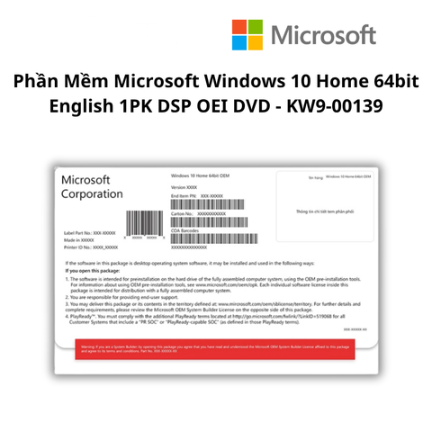 Phần Mềm Microsoft Windows 10 Home 64bit English 1PK DSP OEI DVD – KW9-00139