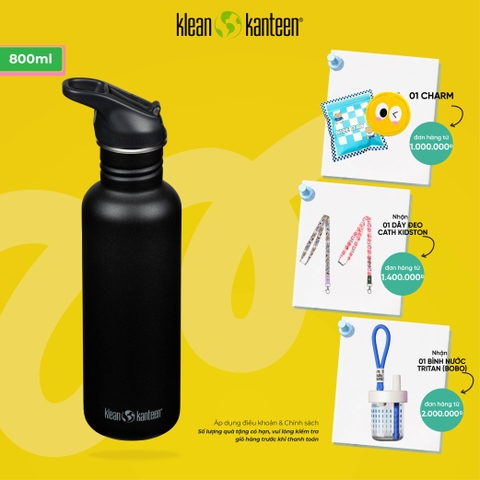 Bình Nước Inox Klean Kanteen Classic 27oz 800ml Nắp Thể Thao Flip Seal Sport Cap, Inox 18/8 Chính Hãng