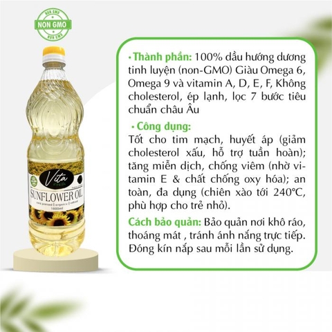 Dầu hướng dương cao cấp Vita Organica chai 1 Lít