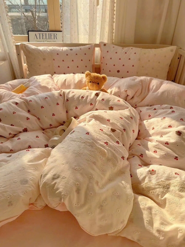 ĐŨI SỢI TRE- Bộ chăn ga Cotton Icy mix Ren