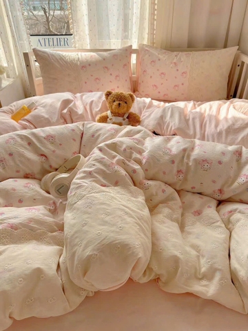 ĐŨI SỢI TRE- Bộ chăn ga Cotton Icy mix Ren