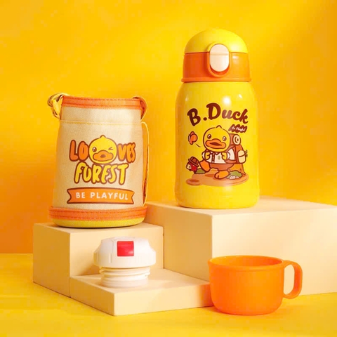Bình Nước Giữ Nhiệt B.Duck 500ml Inox 316L Cho Bé – Có Ống Hút & Dây Đeo, Giữ Nhiệt Lạnh Nóng