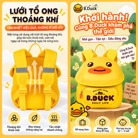 Balo B.Duck Vịt Vàng Cho Bé 1-4 Tuổi Có Dây Dắt Chống Đi Lạc, Balo Nắp Gập Nhẹ Thoáng Khí Cho Bé Trai Bé Gái