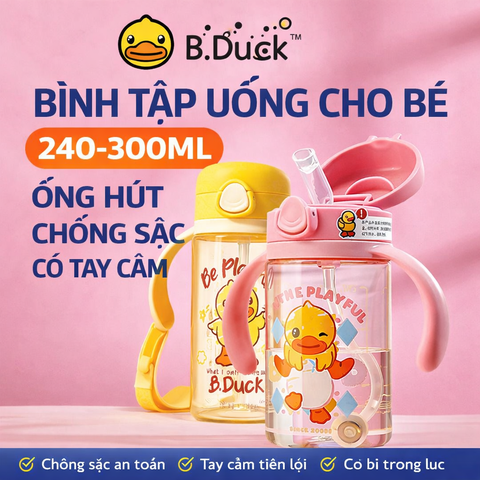 Bình Tập Uống B.Duck Cho Bé 240ml Có Tay Cầm – Cốc Uống Nước Ống Hút Chống Sặc Kèm Dây Đeo