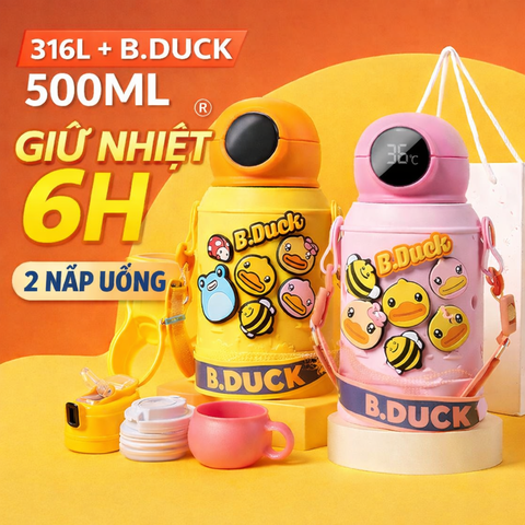 Bình Giữ Nhiệt B.Duck 500ml Cho Bé – Có Ống Hút, 2 Nắp Uống, Bình Giữ Nhiệt Đi Học Dễ Thương