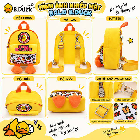 Balo Trẻ Em B.Duck Vịt Vàng Cute, Balo 2 Quai Hoạt Hình Có Chân Bông, Nhỏ Gọn Thời Trang Cho Bé