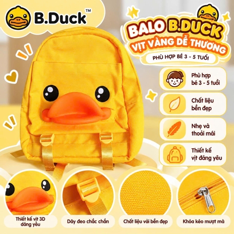Balo B.Duck Vịt Vàng 3D Cho Bé, Balo Trẻ Em Hình Vịt Hoạt Hình Dễ Thương, Chất Liệu Vải Oxford, Đeo Vai Đi Học Đi Chơi