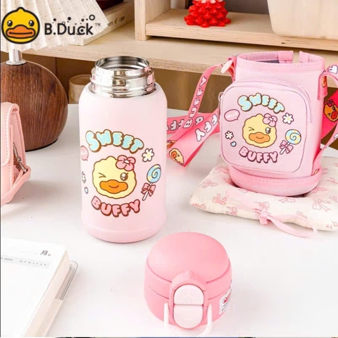 Bình Giữ Nhiệt B.Duck 500ml Cho Bé – Bình Nước 2 Kiểu Uống Có Ống Hút, Inox 316, Kèm Túi Đeo Dễ Thương