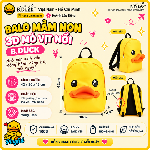 Balo B.Duck Nữ Mỏ Vịt Nổi 3D, Balo Đi Học Đi Chơi Size Lớn Thời Trang Dễ Thương