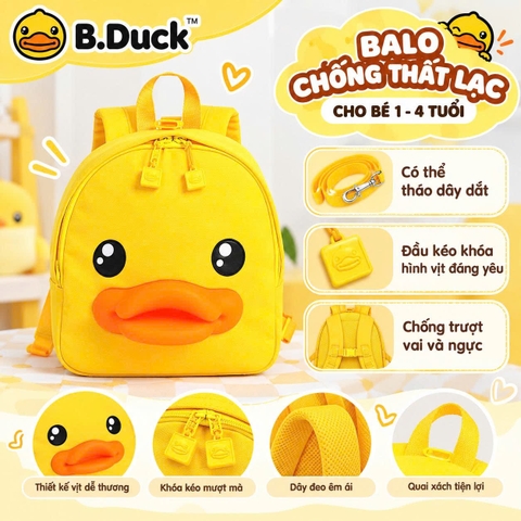 Balo Trẻ Em B.Duck Vịt Vàng Kèm Dây Dắt Tháo Rời, Balo Chống Thất Lạc Cho Bé 1–4 Tuổi, Nhẹ Êm Dễ Thương