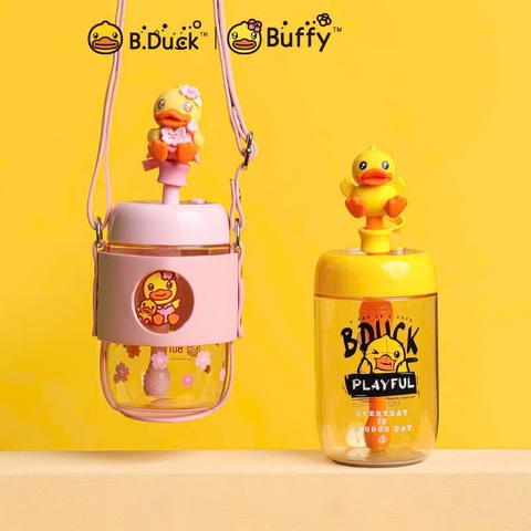 Bình Nước B.Duck 500ml Có Ống Hút – Bình Nước Hoạt Hình Cho Bé Kèm Dây Đeo