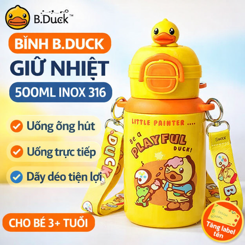Bình Nước Giữ Nhiệt B.Duck 500ml Inox 316L Cho Bé – Có Ống Hút & Dây Đeo, Giữ Nhiệt Lạnh Nóng