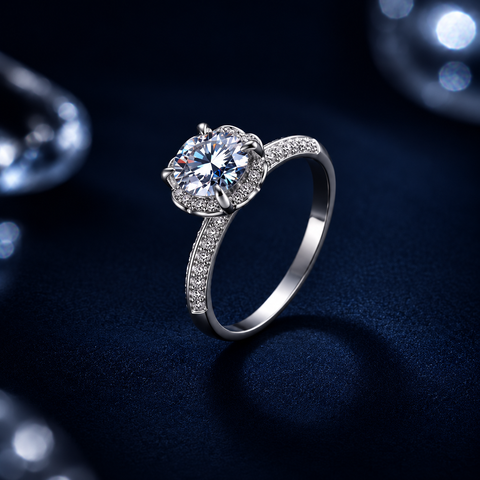 Nhẫn nữ moissanite bạc s925 cao cấp dáng mềm halo, thanh lịch