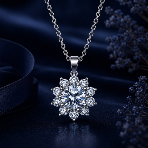 Dây chuyền bạc 925 đính moissanite 1 carat dáng hoa tinh tế | Hải Hà Jewelry