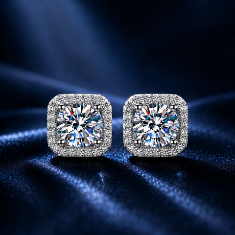 Bông tai bạc 925 đính moissanite 0,5 carat – dáng vuông bo góc viền pavé