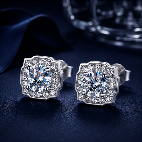 Bông tai bạc 925 đính moissanite 1 carat – dáng vuông viền đá cổ điển