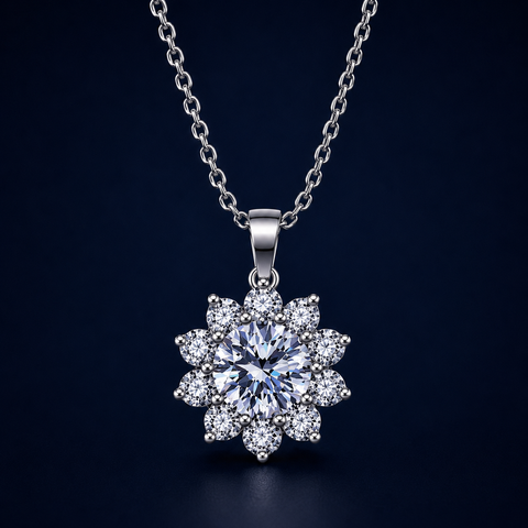 Dây chuyền bạc 925 đính moissanite 1 carat dáng hoa tinh tế | Hải Hà Jewelry
