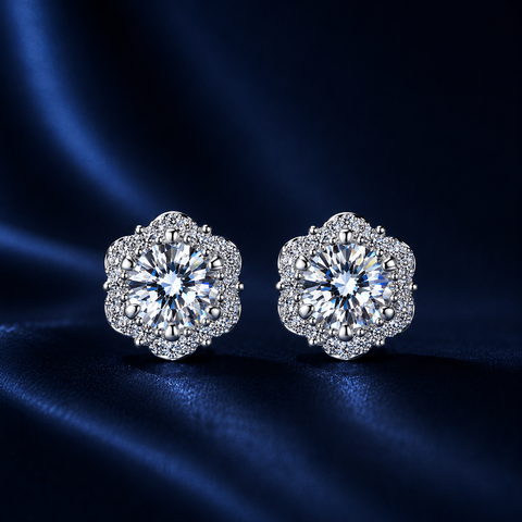 Bông tai bạc 925 đính moissanite – dáng hoa rosette viền halo