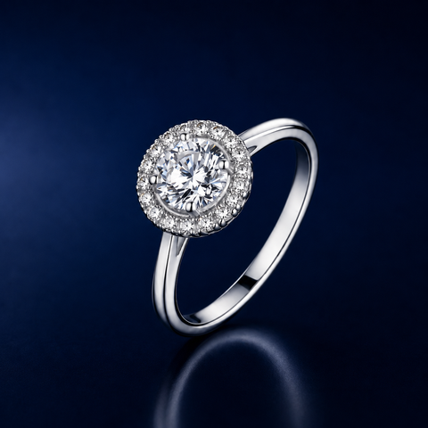 Nhẫn nữ bạc s925 đính moissanite halo cao cấp – ánh sáng tròn đầy, đeo nhẹ tay